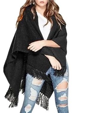 Guess Los Angeles Hooded Poncho Coat Cape Wrap Shawl with fringe fringed OS